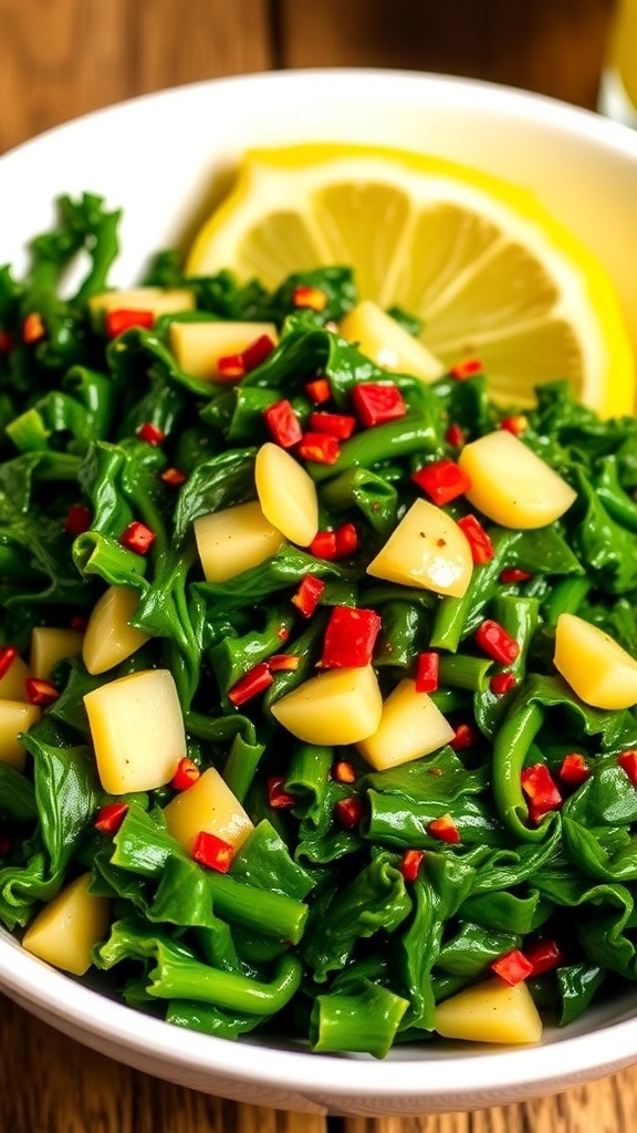 Sautéed garlic kale in a white bowl, garnished with red pepper flakes and a lemon wedge, on a rustic wooden table.